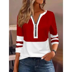 Women's V-collar Contrast Color Striped Loose Zip Long-sleeved T-shirt (Option: Red-M)