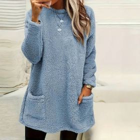 Women's Long Sleeved Pocket Plush Hoodie T-shirt (Option: Blue-L)