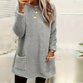 Women's Long Sleeved Pocket Plush Hoodie T-shirt (Option: Grey-S)