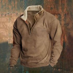 Retro Patchwork Half Cardigan Men's Long-sleeved Sweater (Option: Khaki-S)