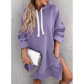 Women's Hooded Sweatshirt With Pockets Fashion Casual Split Mid-length Sweater Drawstring Tops (Option: Purple-S)
