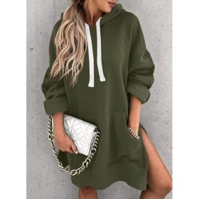 Women's Hooded Sweatshirt With Pockets Fashion Casual Split Mid-length Sweater Drawstring Tops (Option: Army Green-M)
