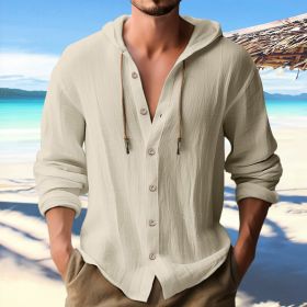 Cotton And Linen Shirt Hooded Sweater Button Long Sleeve (Option: Apricot-M)