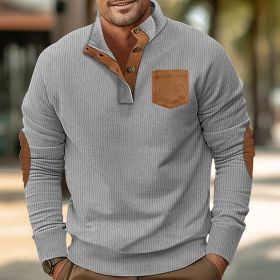 Patch Pocket Jacket Stand Collar Long Sleeve Corduroy Multicolor Hoodie (Option: Light Gray-XL)