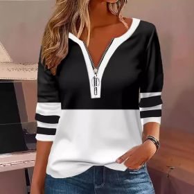 Women's V-collar Contrast Color Striped Loose Zip Long-sleeved T-shirt (Option: Black-XXL)